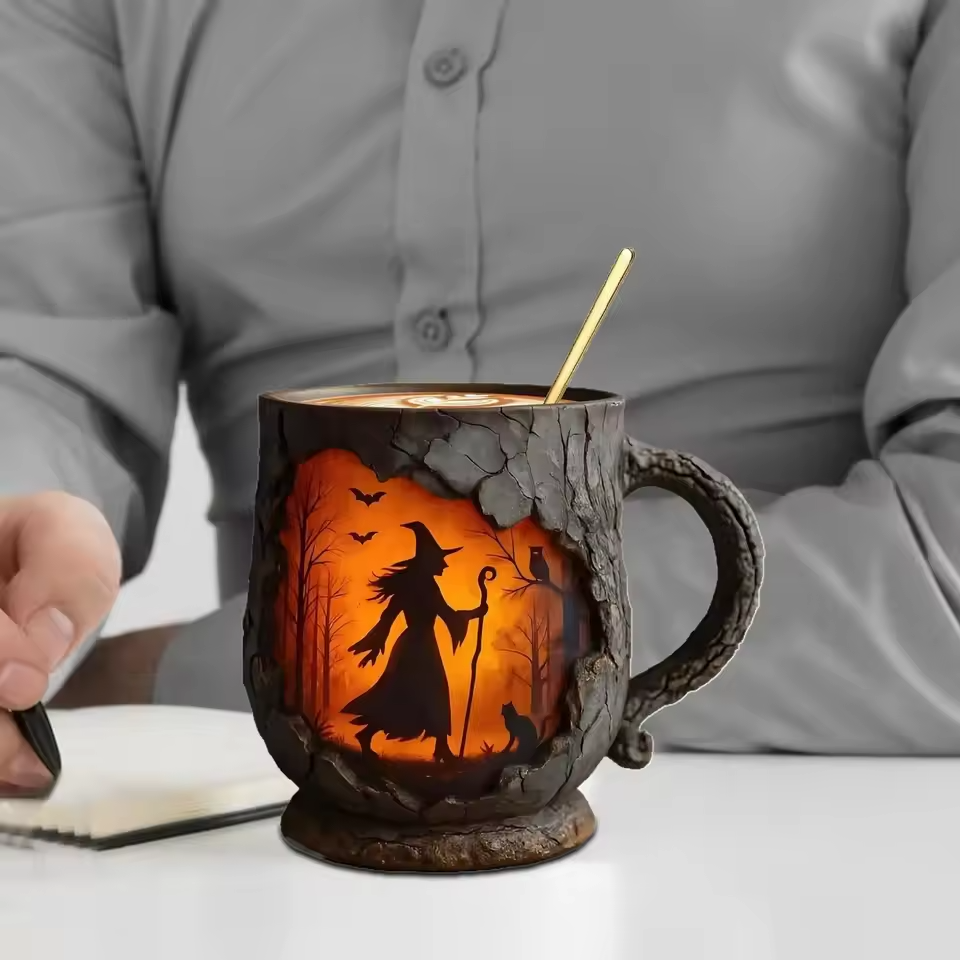 Strega e Gatto – Tazza Artigianale 3D di Halloween