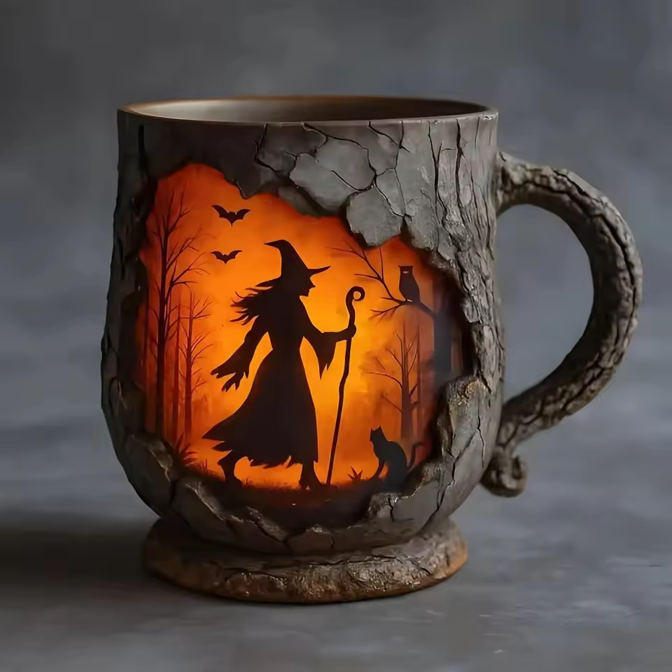 Strega e Gatto – Tazza Artigianale 3D di Halloween